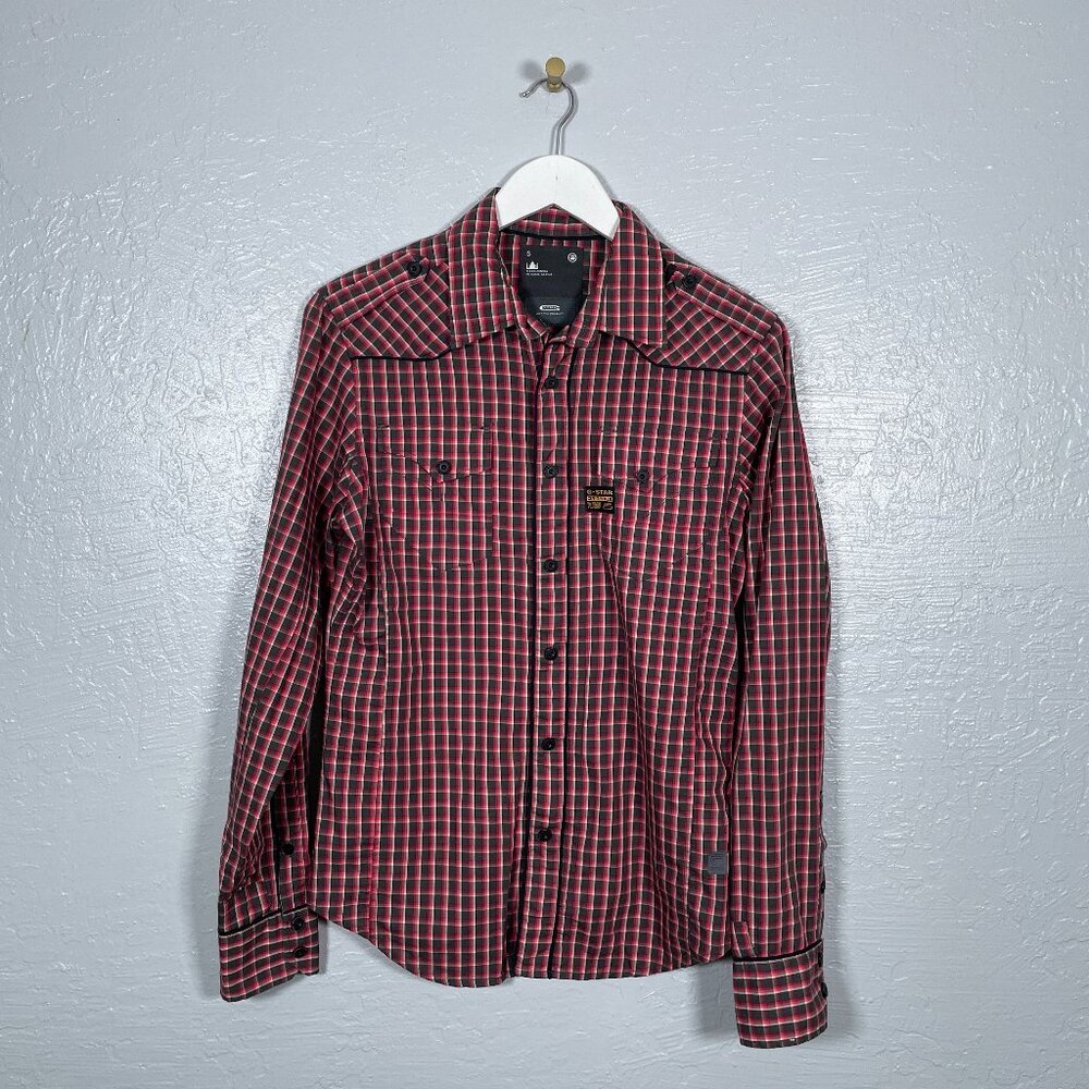 G-Star RAW Men S Red Black White Plaid Midnight Sign Piping Western Shirt